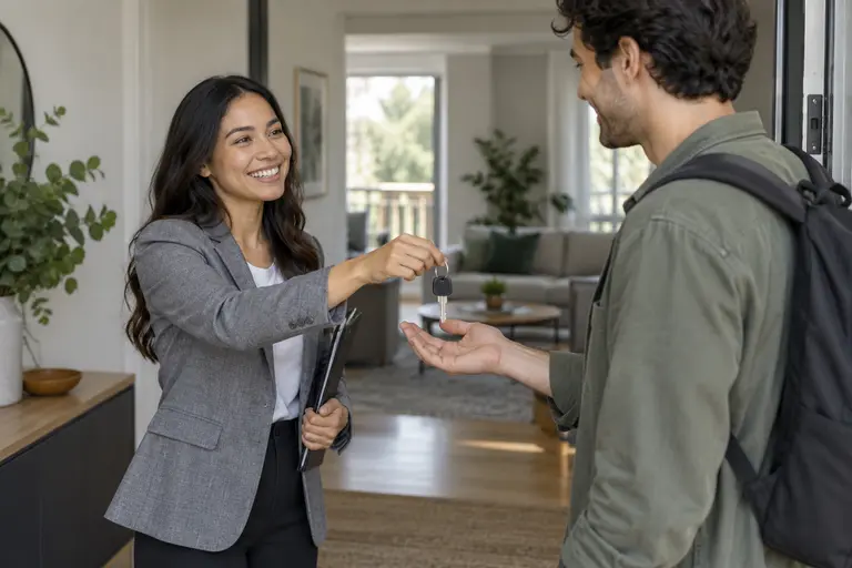 Rental coordinator handing keys to a tenant